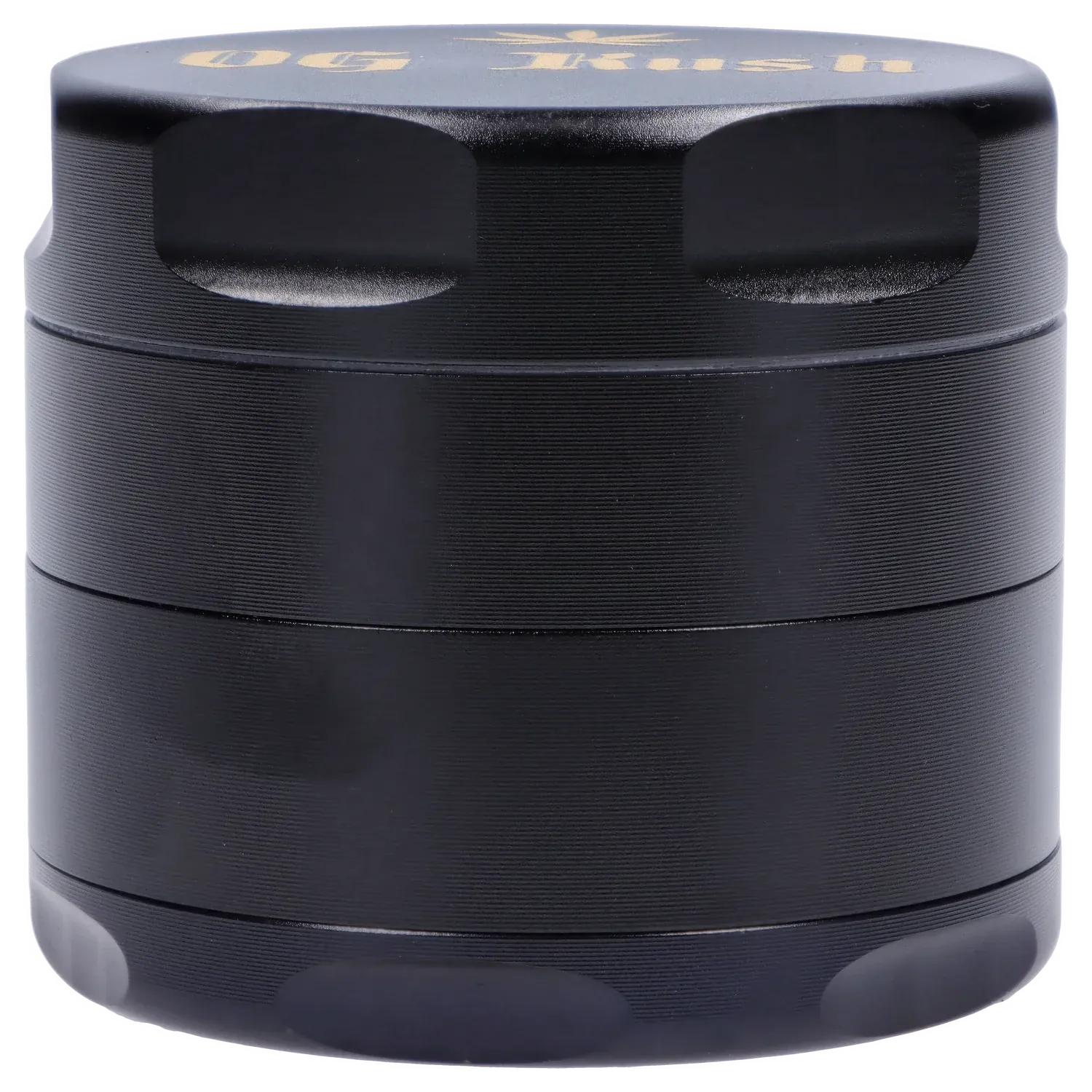 Close-up front view of a black Puff Puff Pass Strains OG Kush Grinder-Black showing its textured cylindrical body and recessed thumb notches.
