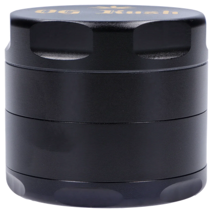 Close-up front view of a black Puff Puff Pass Strains OG Kush Grinder-Black showing its textured cylindrical body and recessed thumb notches.
