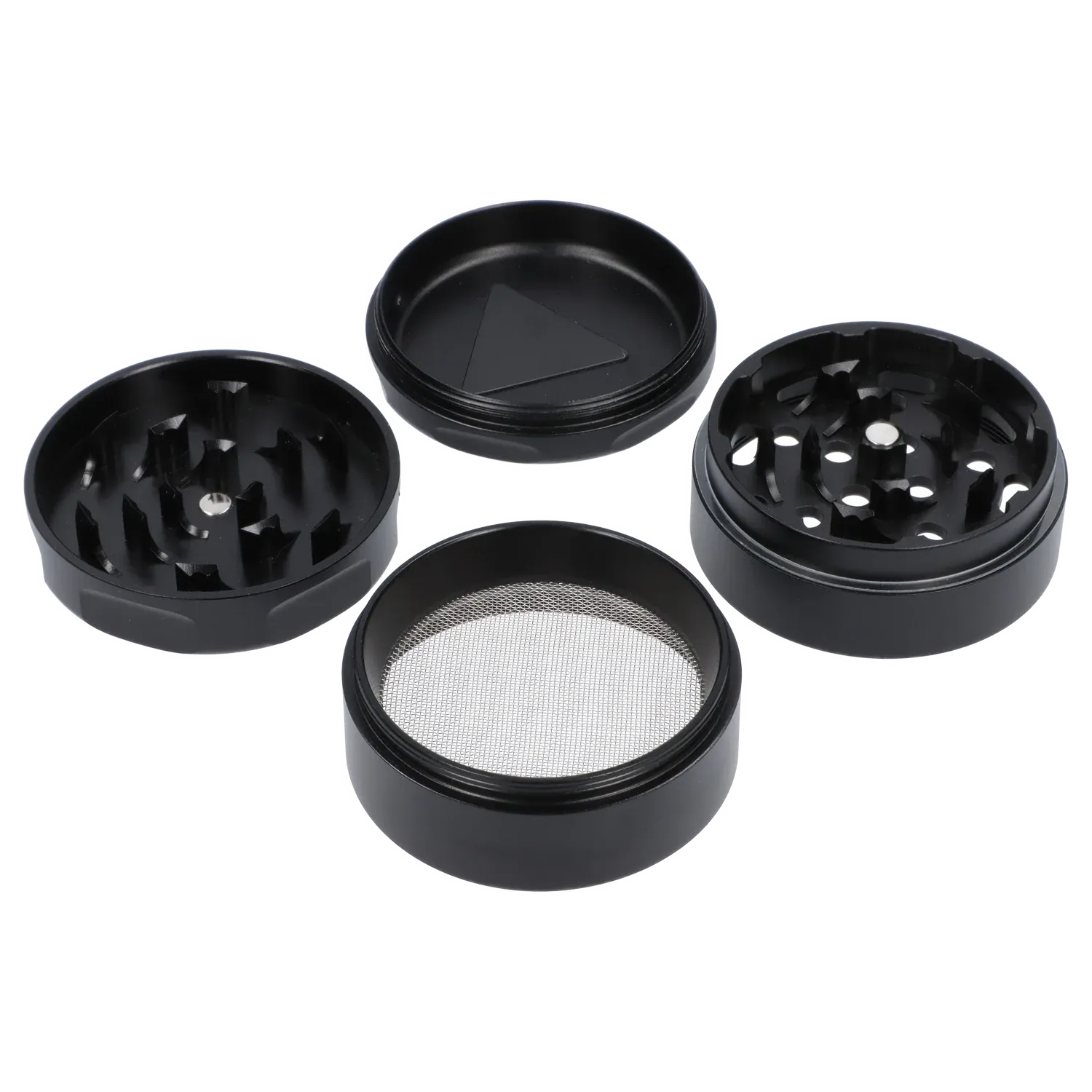 Top-down view of the disassembled black Puff Puff Pass Strains OG Kush Grinder-Black showing four circular metal sections and a fine mesh screen.