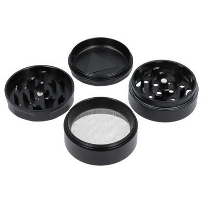 Top-down view of the disassembled black Puff Puff Pass Strains OG Kush Grinder-Black showing four circular metal sections and a fine mesh screen.