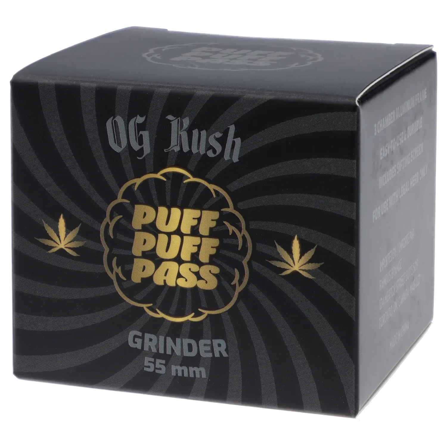 Angled front view of the black Puff Puff Pass Strains OG Kush Grinder-Black box with gold logo and radial stripe pattern.