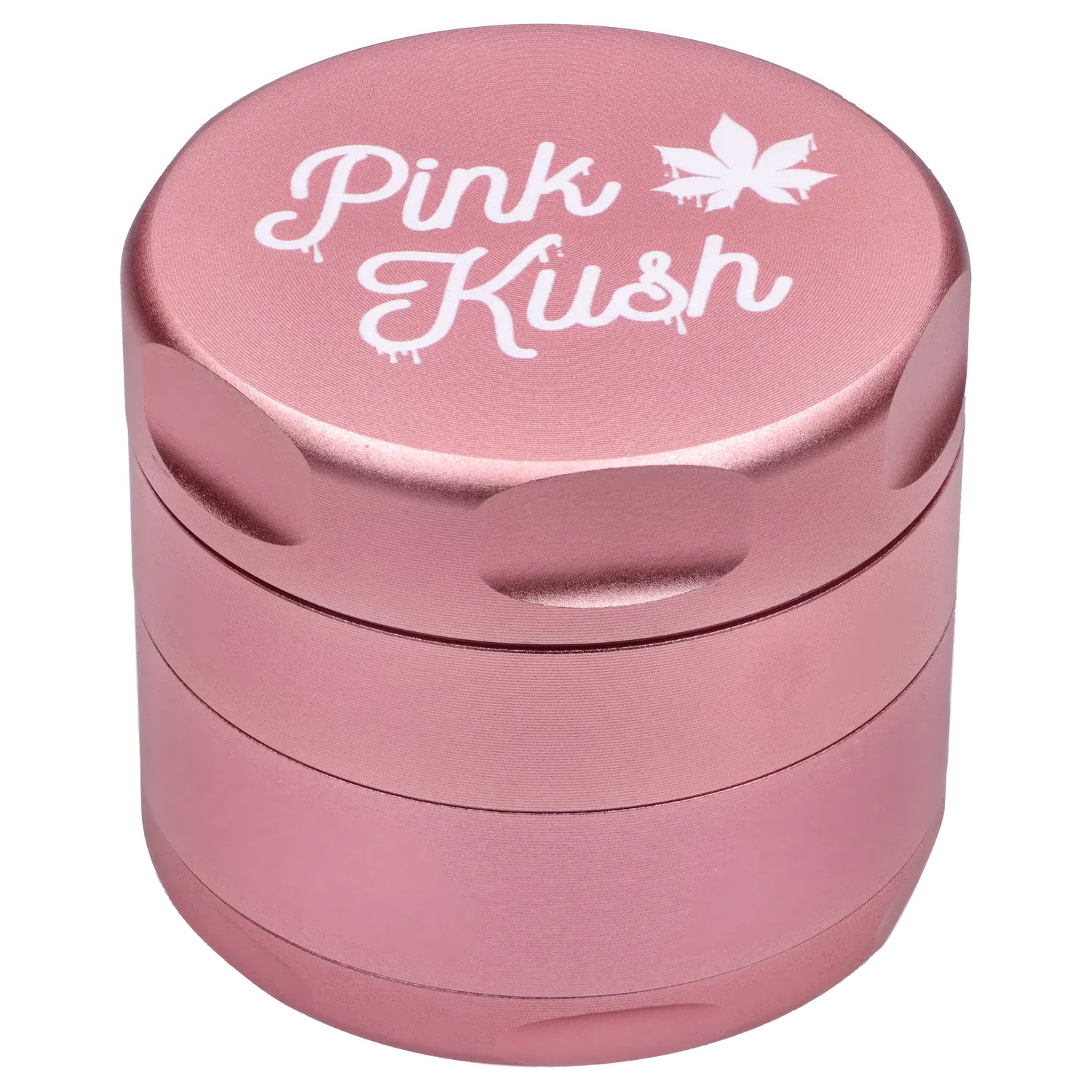 Top-down view of the Puff Puff Pass Strains Pink Kush Grinder-Light Pink showing its metallic pink stacked chambers and white "Pink Kush" script on the lid.