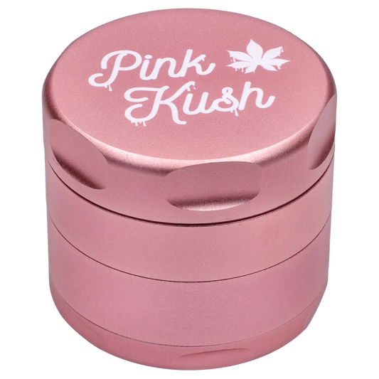 Top-down view of the Puff Puff Pass Strains Pink Kush Grinder-Light Pink showing its metallic pink stacked chambers and white "Pink Kush" script on the lid.