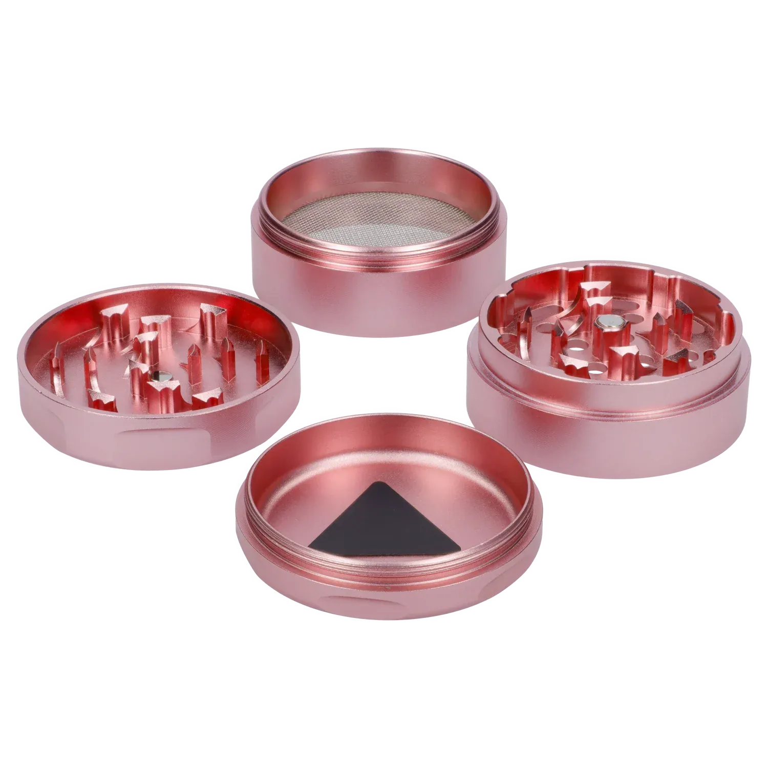 Top-down view of the disassembled Puff Puff Pass Strains Pink Kush Grinder-Light Pink showing four metallic pink pieces with sharp teeth and a mesh screen.