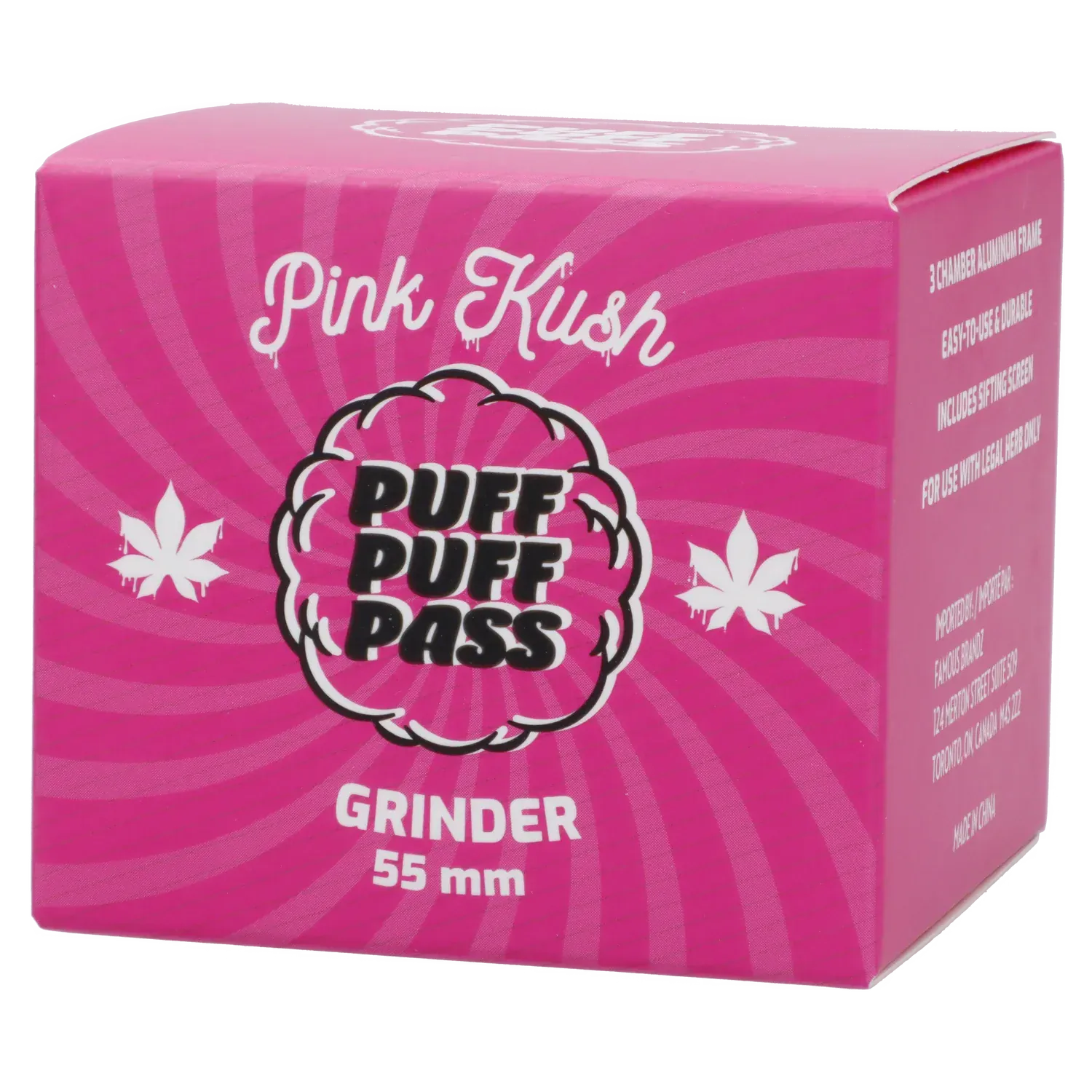 Angled front view of the bright pink Puff Puff Pass Strains Pink Kush Grinder-Light Pink box with bold logo and white leaf icons.