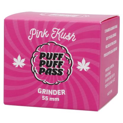 Angled front view of the bright pink Puff Puff Pass Strains Pink Kush Grinder-Light Pink box with bold logo and white leaf icons.