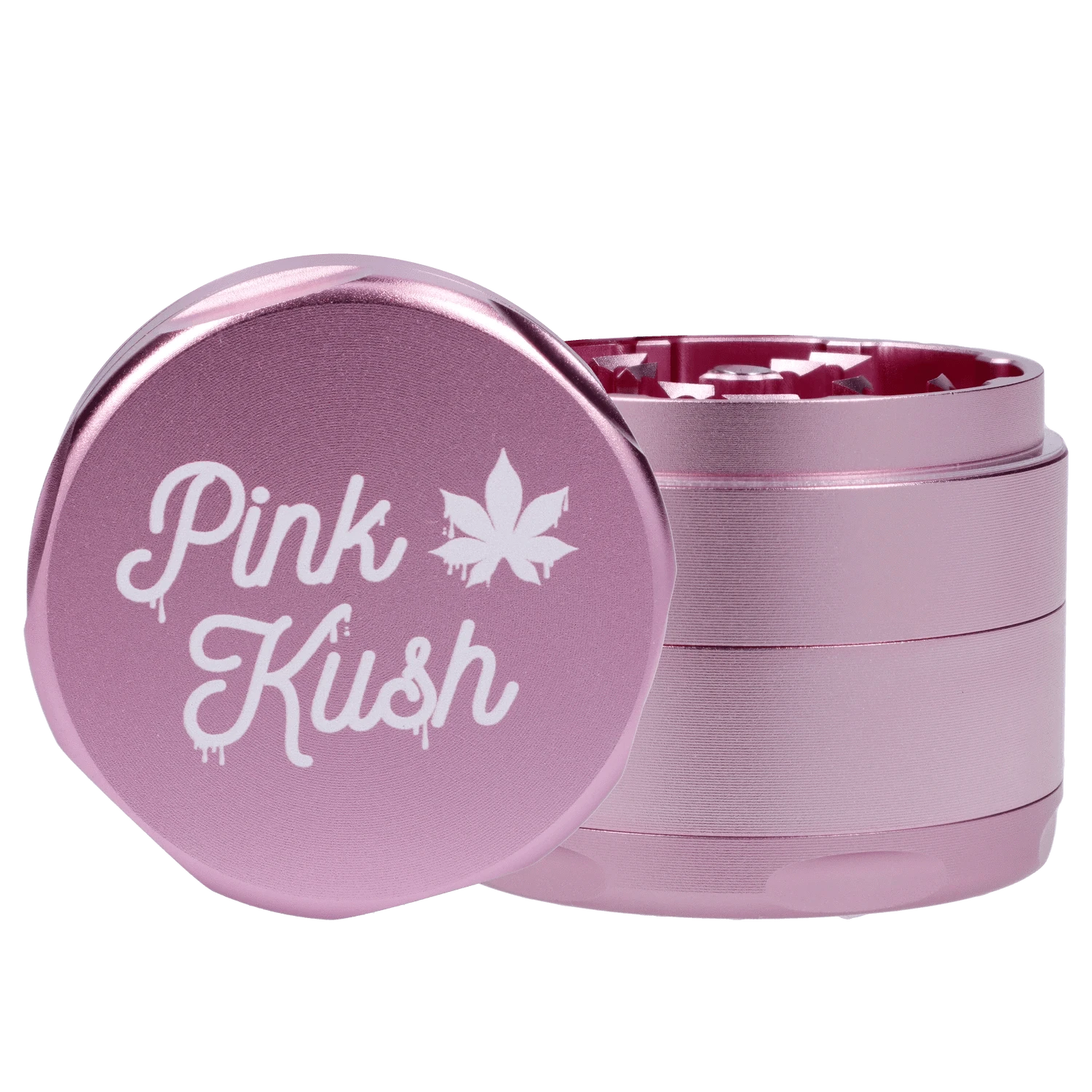 Front view of the Puff Puff Pass Strains Pink Kush Grinder in light pink, showcasing its multi-tiered, cylindrical design.