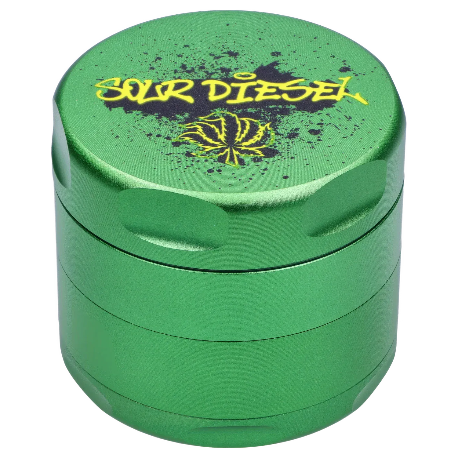 Top-down view of the green Puff Puff Pass Strains Sour Diesel Grinder-Green showing its textured lid with yellow "SOUR DIESEL" graffiti and a stylized leaf.