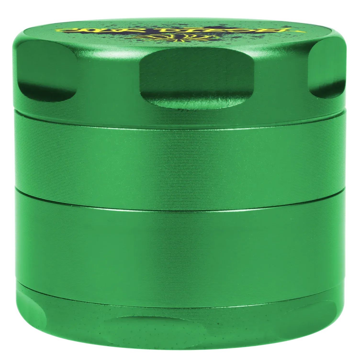 Close-up front view of the green Puff Puff Pass Strains Sour Diesel Grinder-Green showing its ridged, stacked aluminum sections.