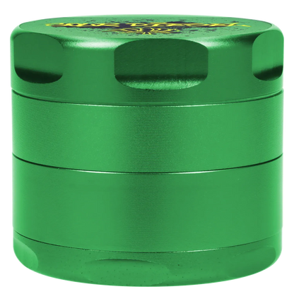 Close-up front view of the green Puff Puff Pass Strains Sour Diesel Grinder-Green showing its ridged, stacked aluminum sections.