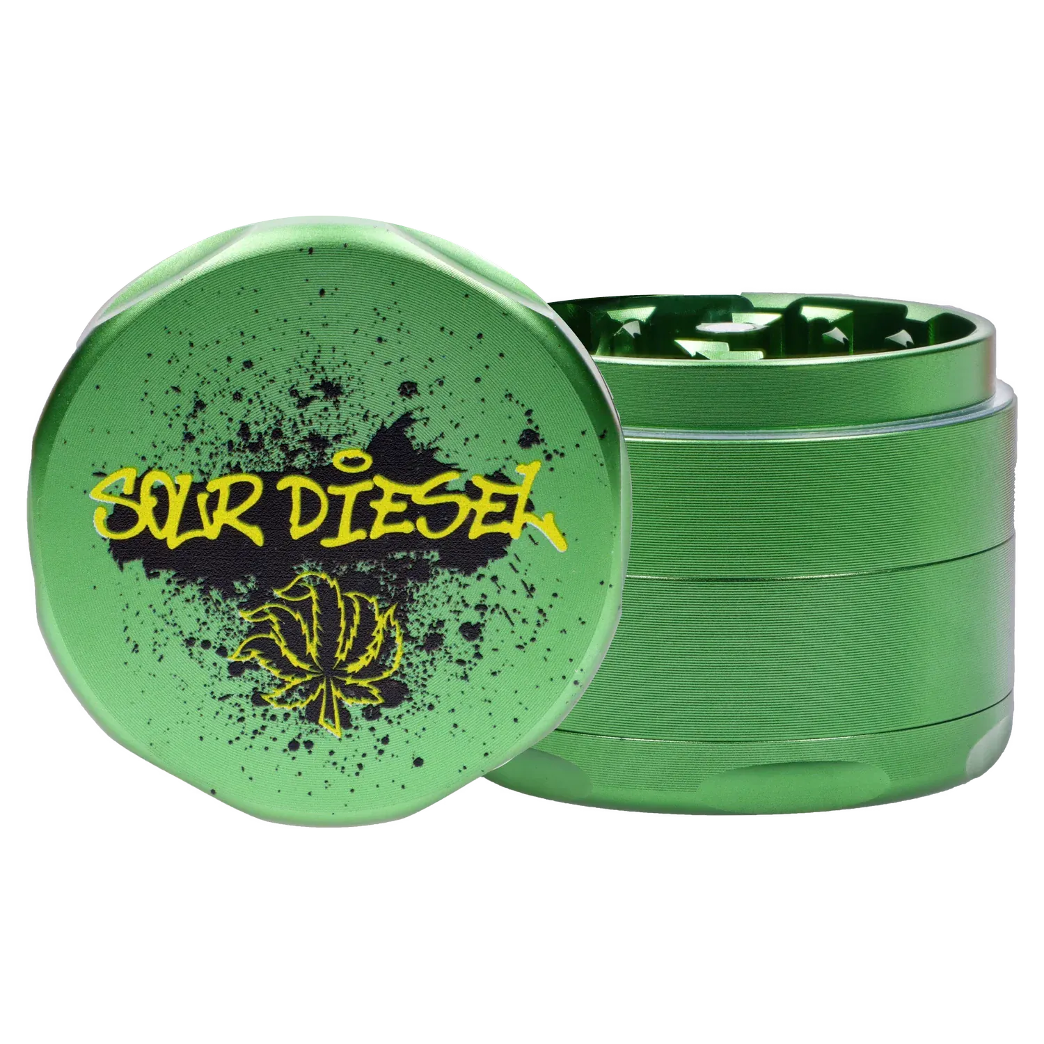 Close-up front view of the green Puff Puff Pass Strains Sour Diesel Grinder-Green showing its textured lid with yellow "Sour Diesel" graffiti and a stylized leaf.