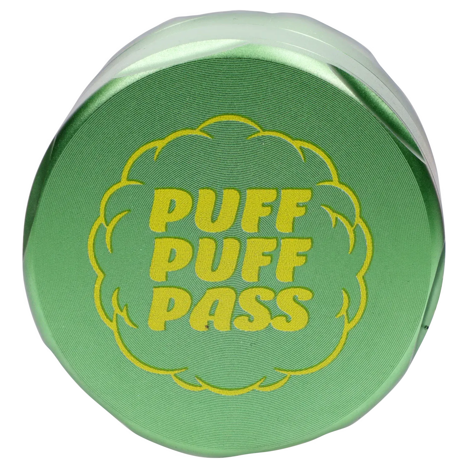Top-down close-up of a green Puff Puff Pass Strains Sour Diesel Grinder-Green lid with bold yellow "PUFF PUFF PASS" text.