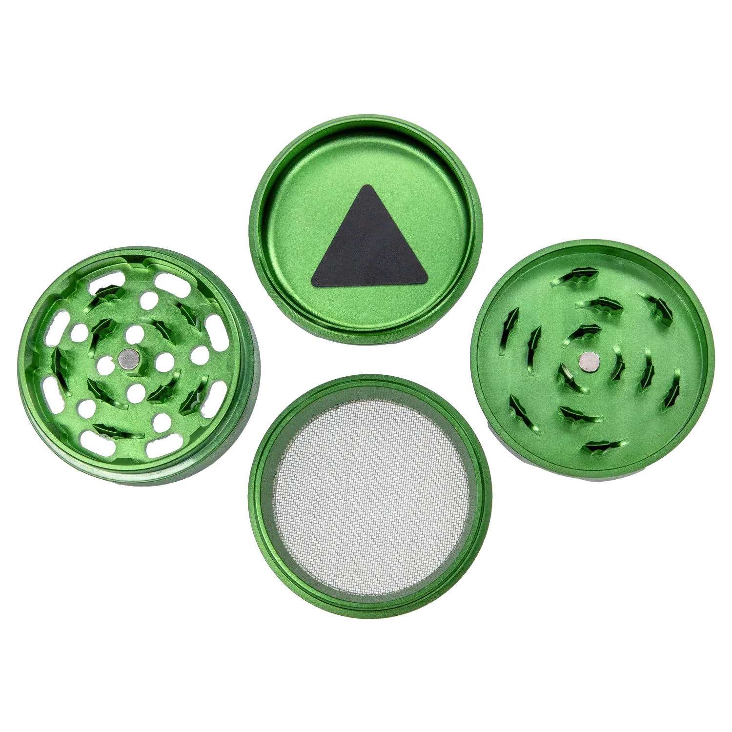 Top-down view of the disassembled green Puff Puff Pass Strains Sour Diesel Grinder-Green showing four circular metal pieces and a fine mesh screen.