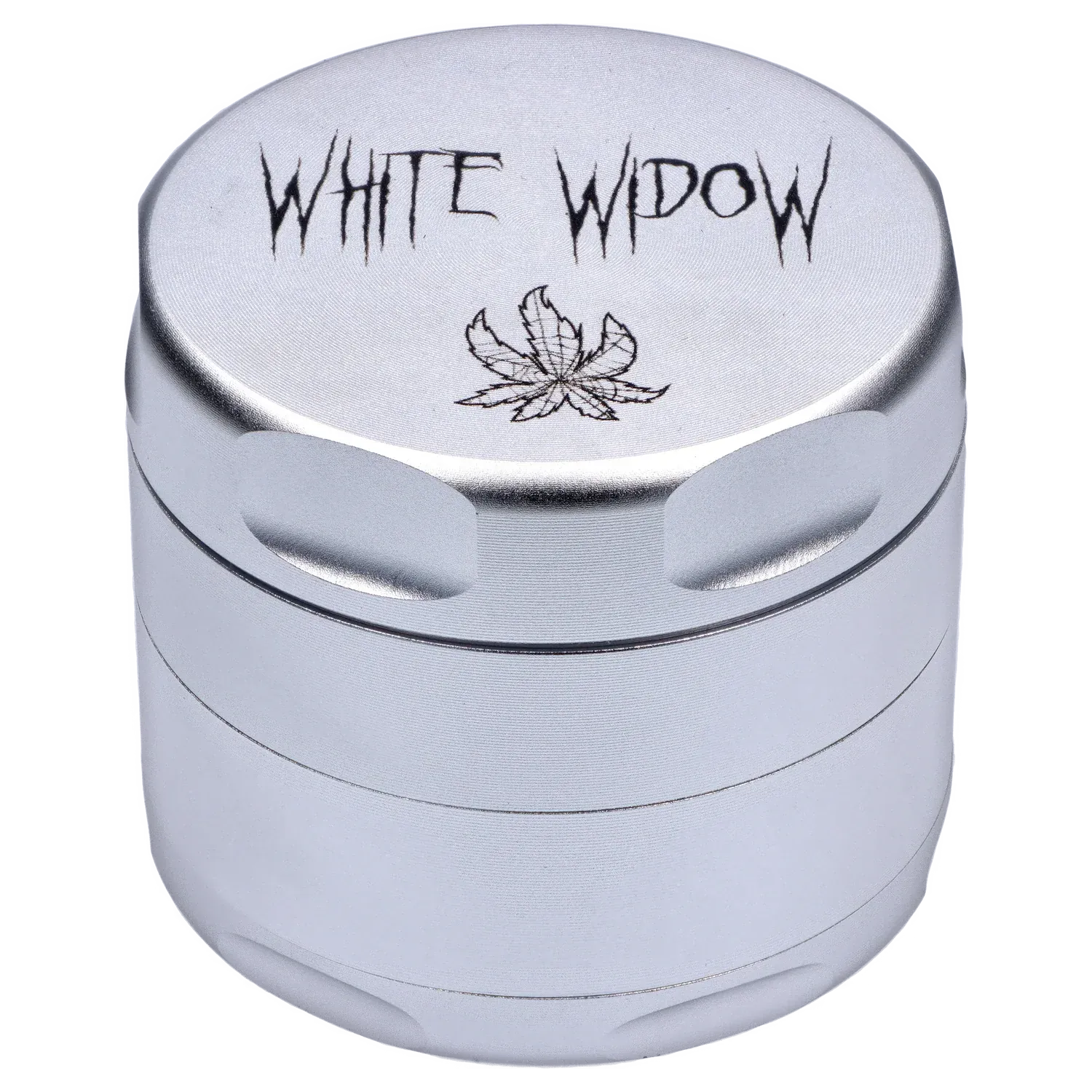 Close-up top-down view of the silver Puff Puff Pass Strains White Widow Grinder-Silver showing engraved "WHITE WIDOW" text and leaf motif.