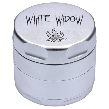 Close-up top-down view of the silver Puff Puff Pass Strains White Widow Grinder-Silver showing engraved "WHITE WIDOW" text and leaf motif.
