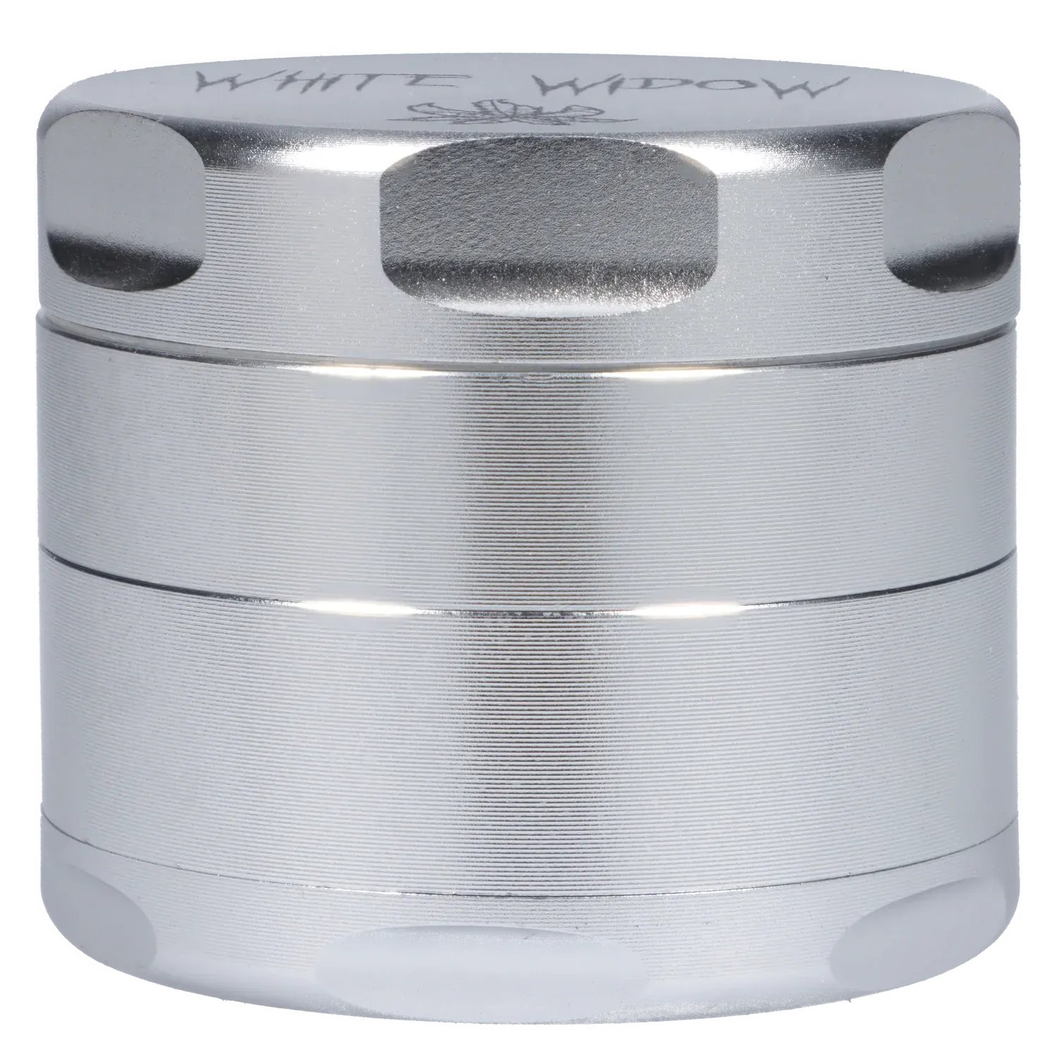 Close-up front view of the silver Puff Puff Pass Strains White Widow Grinder-Silver showing its textured cylindrical body and recessed grip notches.