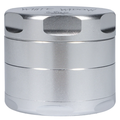 Close-up front view of the silver Puff Puff Pass Strains White Widow Grinder-Silver showing its textured cylindrical body and recessed grip notches.
