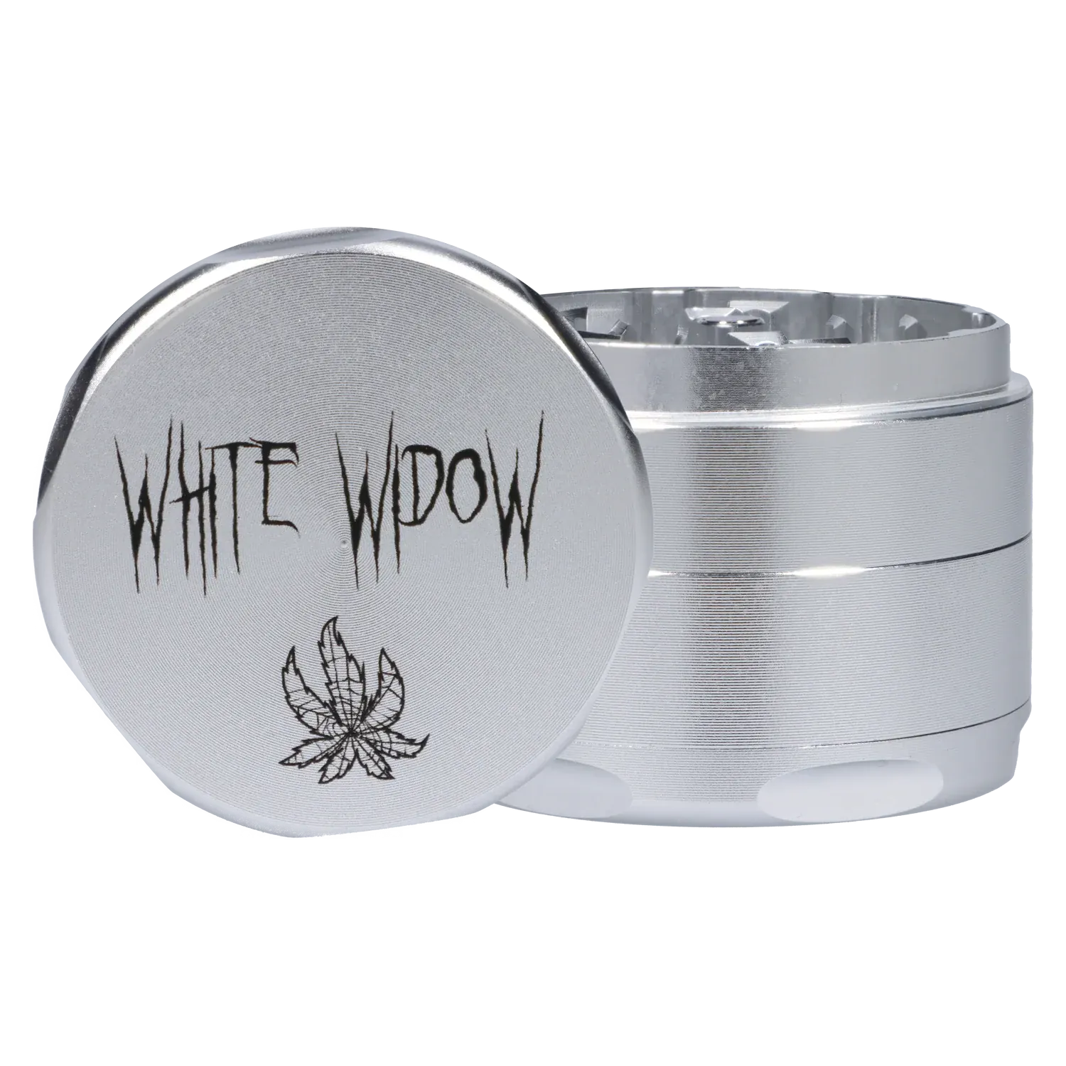 Close-up front-angle view of the silver Puff Puff Pass Strains White Widow Grinder-Silver showing the engraved "WHITE WIDOW" text and leaf motif on the lid.