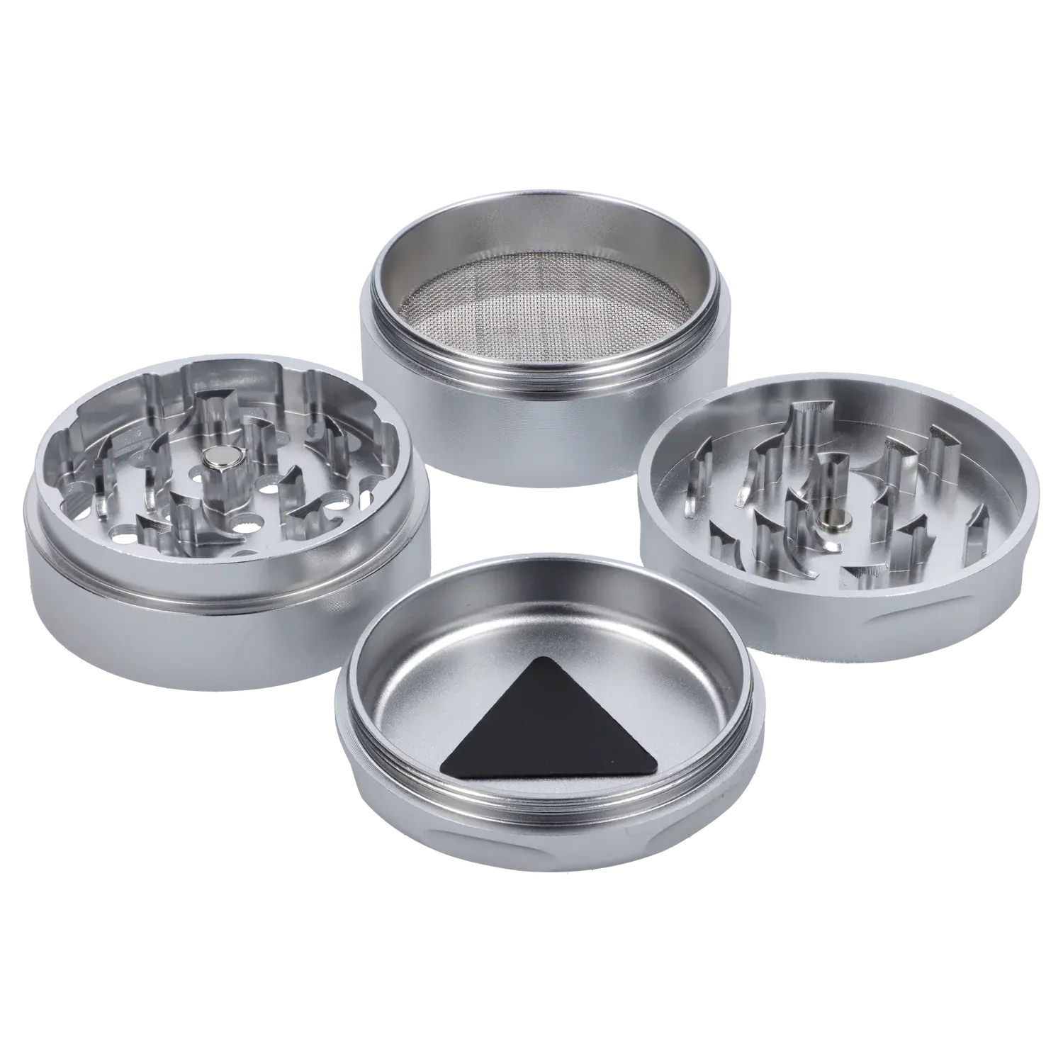 Top-down view of the disassembled Puff Puff Pass Strains White Widow Grinder-Silver showing four silver metal sections, teeth, and a fine mesh screen.