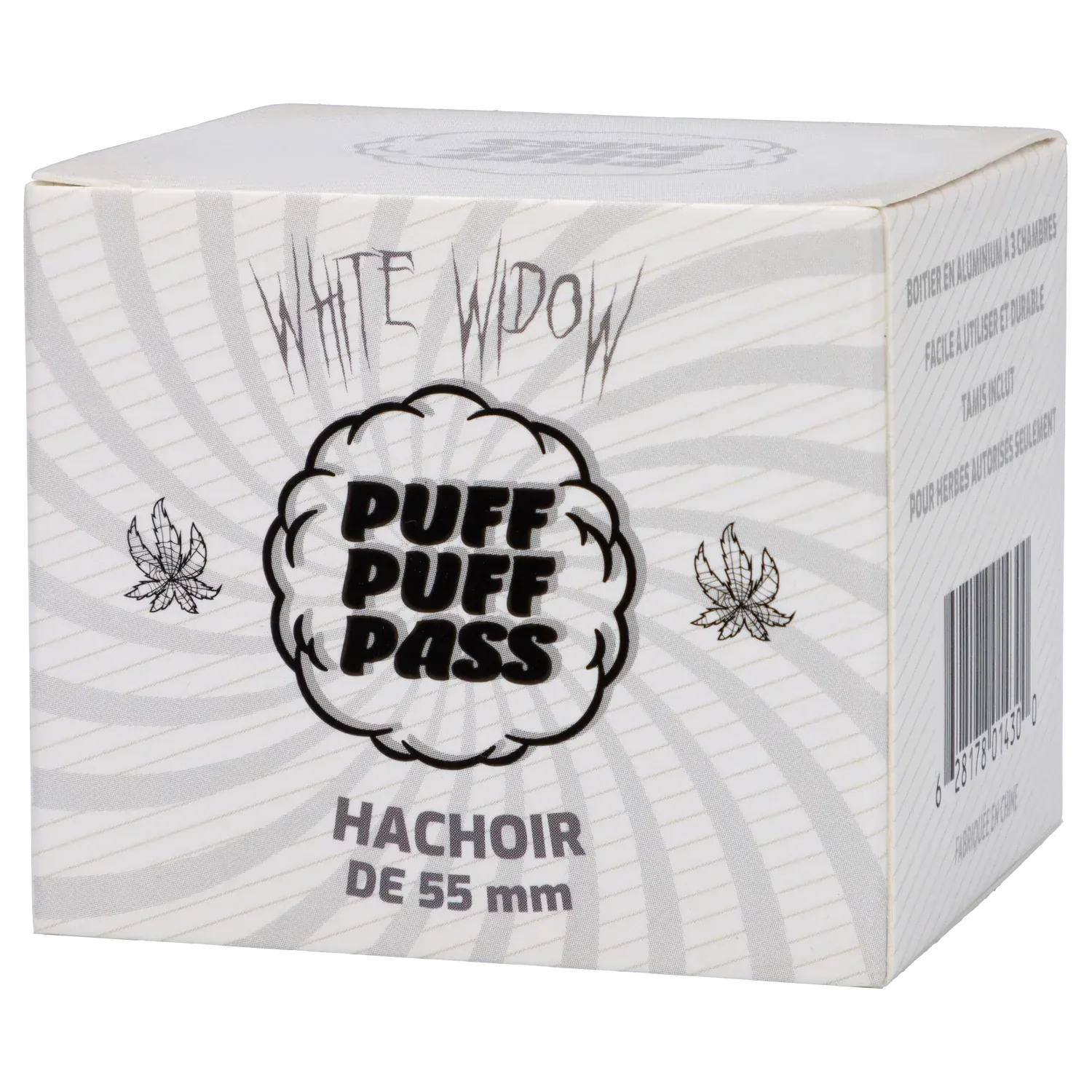 Angled close-up of the white Puff Puff Pass Strains White Widow Grinder-Silver box showing spiral gray stripes, bold logo, and small leaf illustrations