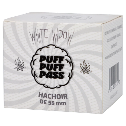 Angled close-up of the white Puff Puff Pass Strains White Widow Grinder-Silver box showing spiral gray stripes, bold logo, and small leaf illustrations