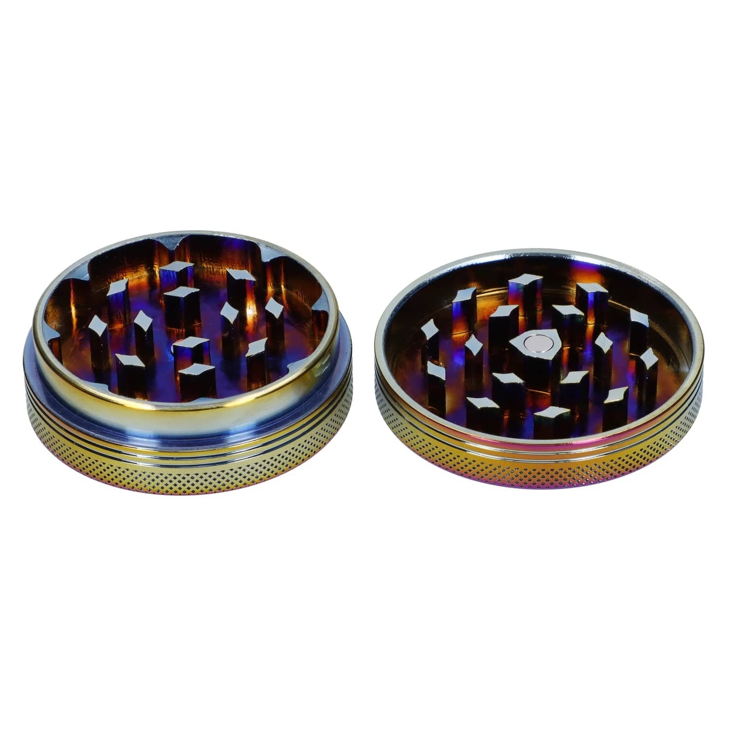 A top-down view of the open Famous X - Prism 2 pc Grinder, showcasing its rainbow-colored, multi-tiered grinding teeth.