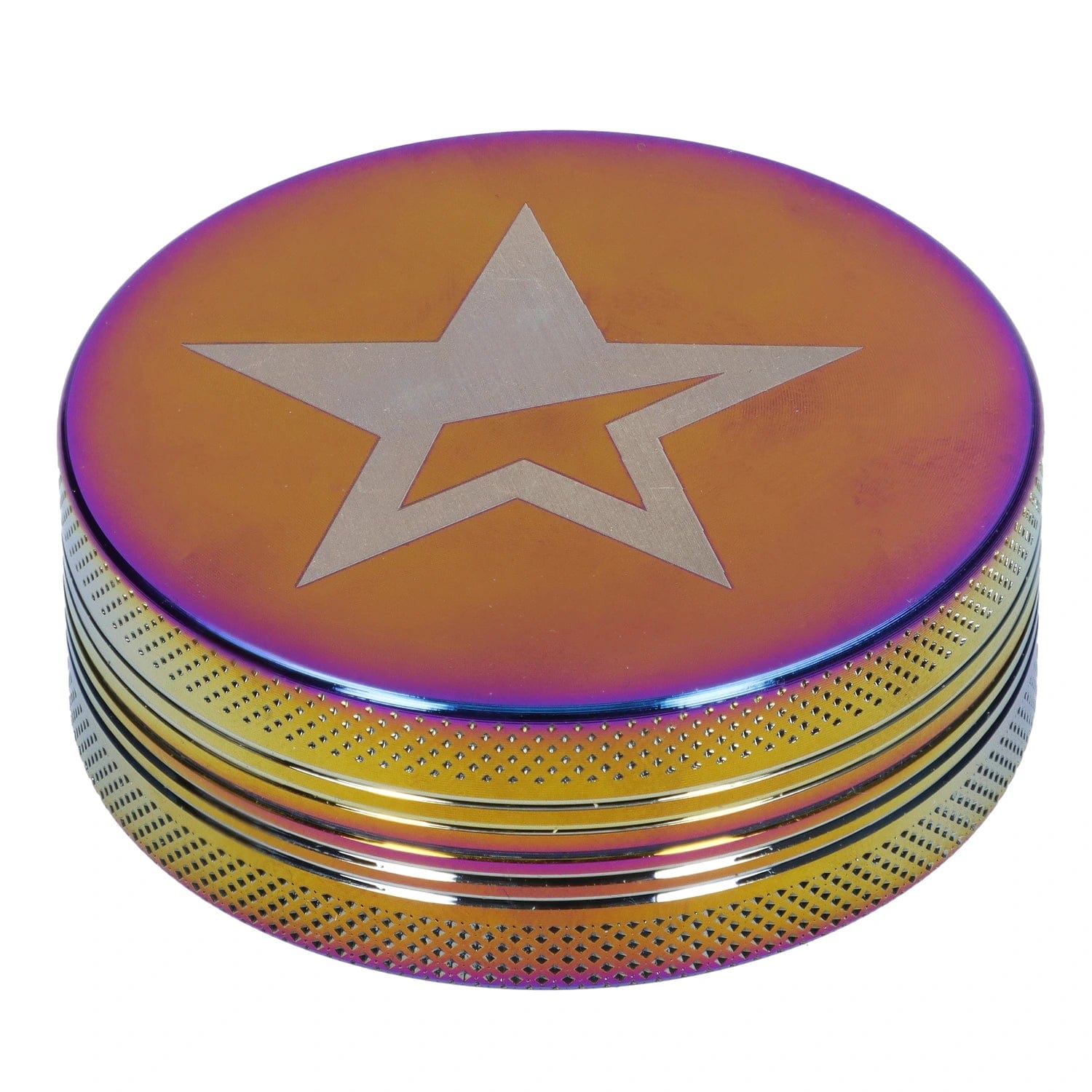 Front view of the Famous X - Prism 2 pc Grinder, a rainbow-colored, 55mm metal grinder with a circular, textured top.