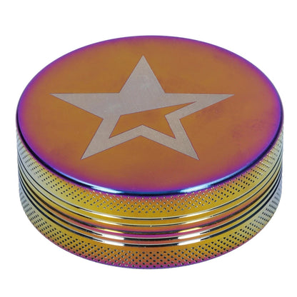 Front view of the Famous X - Prism 2 pc Grinder, a rainbow-colored, 55mm metal grinder with a circular, textured top.