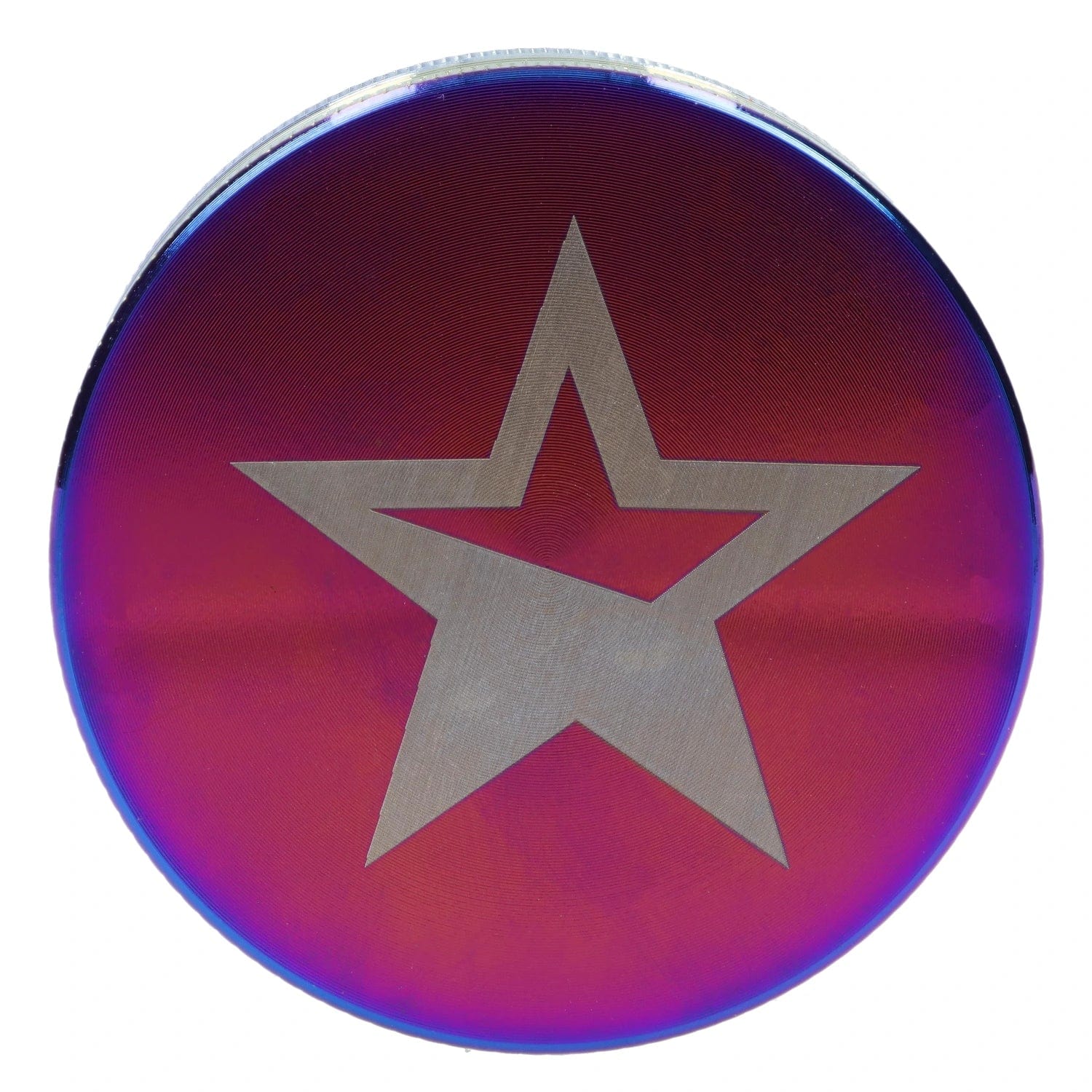 A top-down view of the Famous X - Prism 2 pc Grinder with a rainbow sheen, showcasing its circular shape and polished finish.