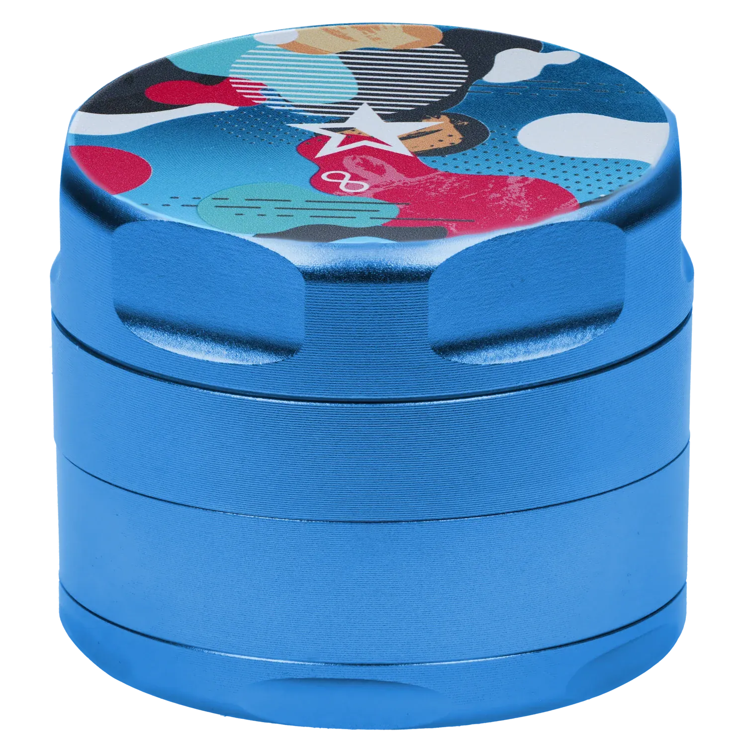 Close-up angled view of the Famous Design Aquarius Aluminum 4 pc Grinder - Aqua showing its metallic blue stacked chambers and a colorful patterned top.