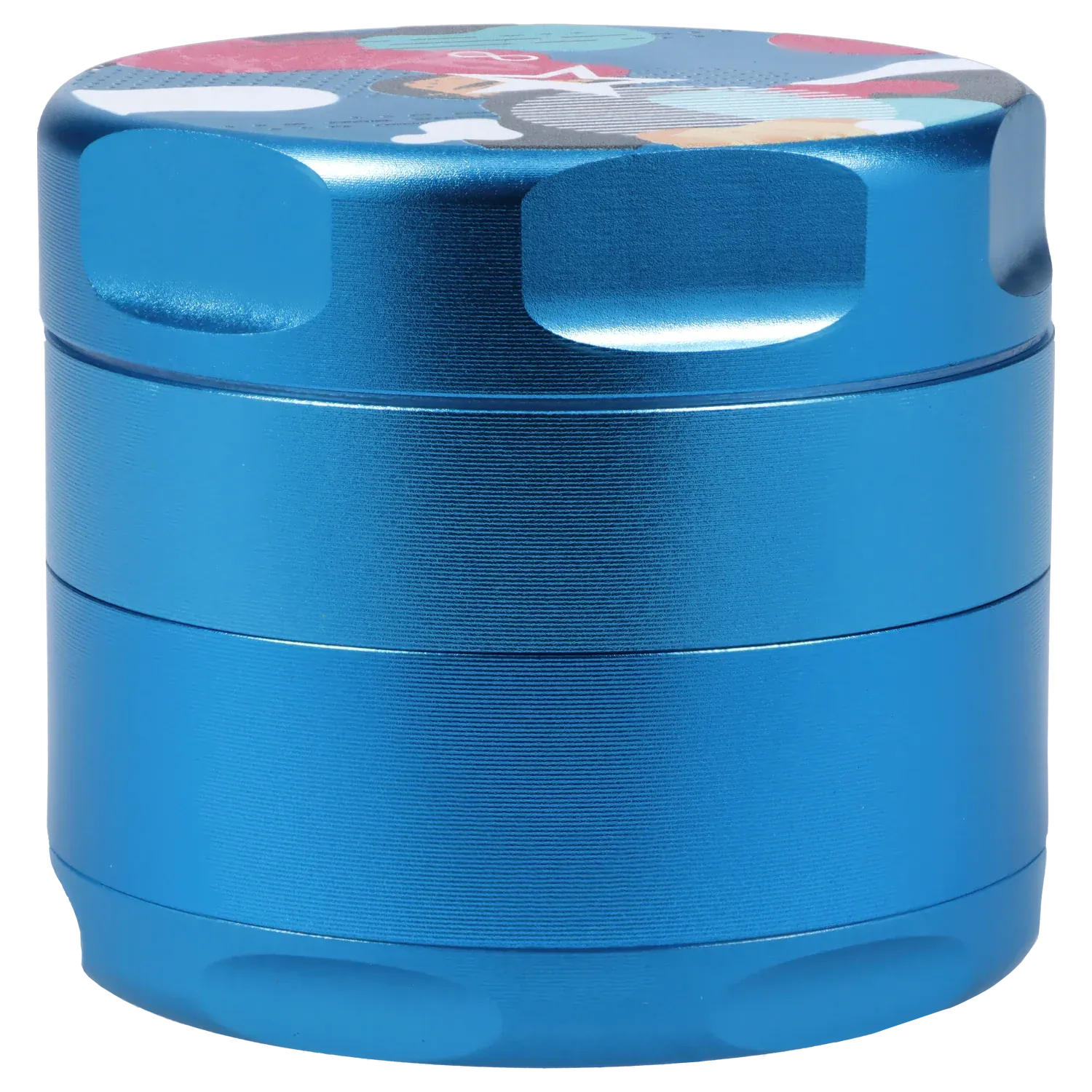 Close-up front view of the aqua Famous Design Aquarius Aluminum 4 pc Grinder showing its metallic blue stacked chambers and rounded top edge.