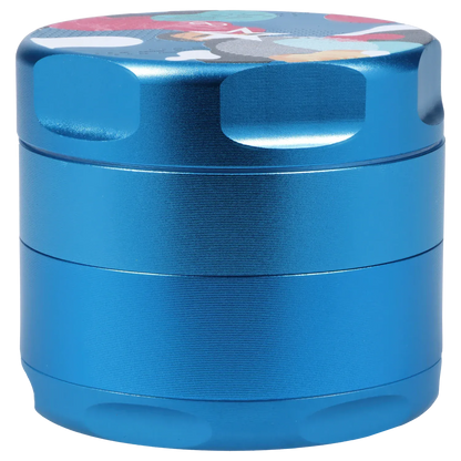 Close-up front view of the aqua Famous Design Aquarius Aluminum 4 pc Grinder showing its metallic blue stacked chambers and rounded top edge.