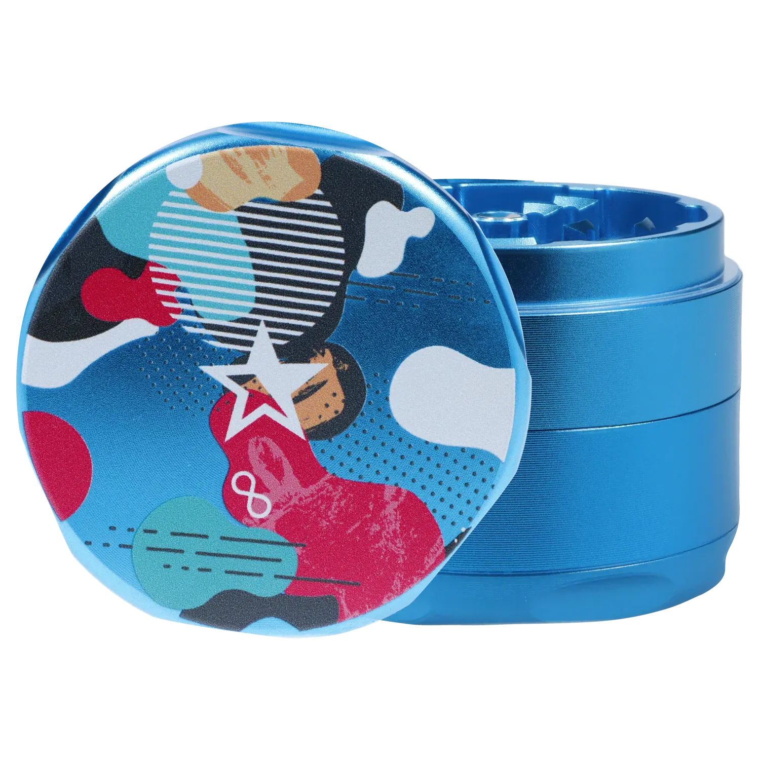 Close-up front view of the Famous Design Aquarius Aluminum 4 pc Grinder - Aqua showing its colorful patterned lid and metallic blue body