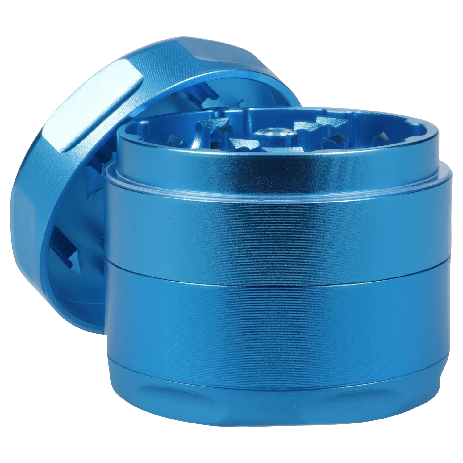 Close-up angled shot of the blue Famous Design Aquarius Aluminum 4 pc Grinder - Aqua showing the open top teeth and textured cylindrical sides.