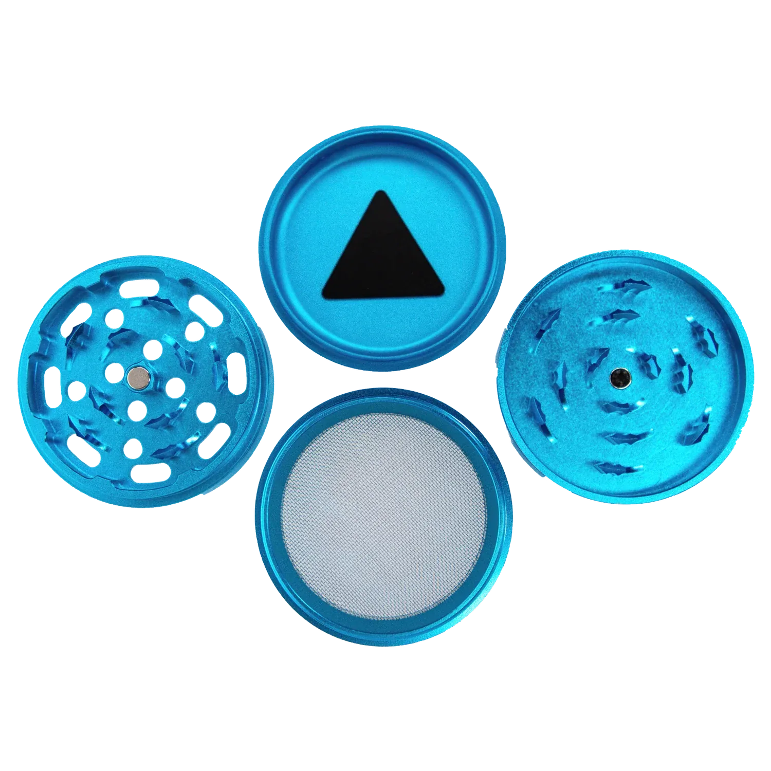 Top-down view of the four separated pieces of the Famous Design Aquarius Aluminum 4 pc Grinder - Aqua showing bright metallic blue chambers and mesh screen.