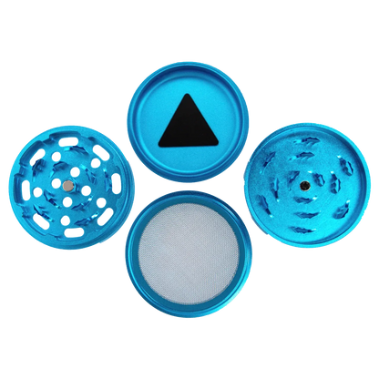 Top-down view of the four separated pieces of the Famous Design Aquarius Aluminum 4 pc Grinder - Aqua showing bright metallic blue chambers and mesh screen.