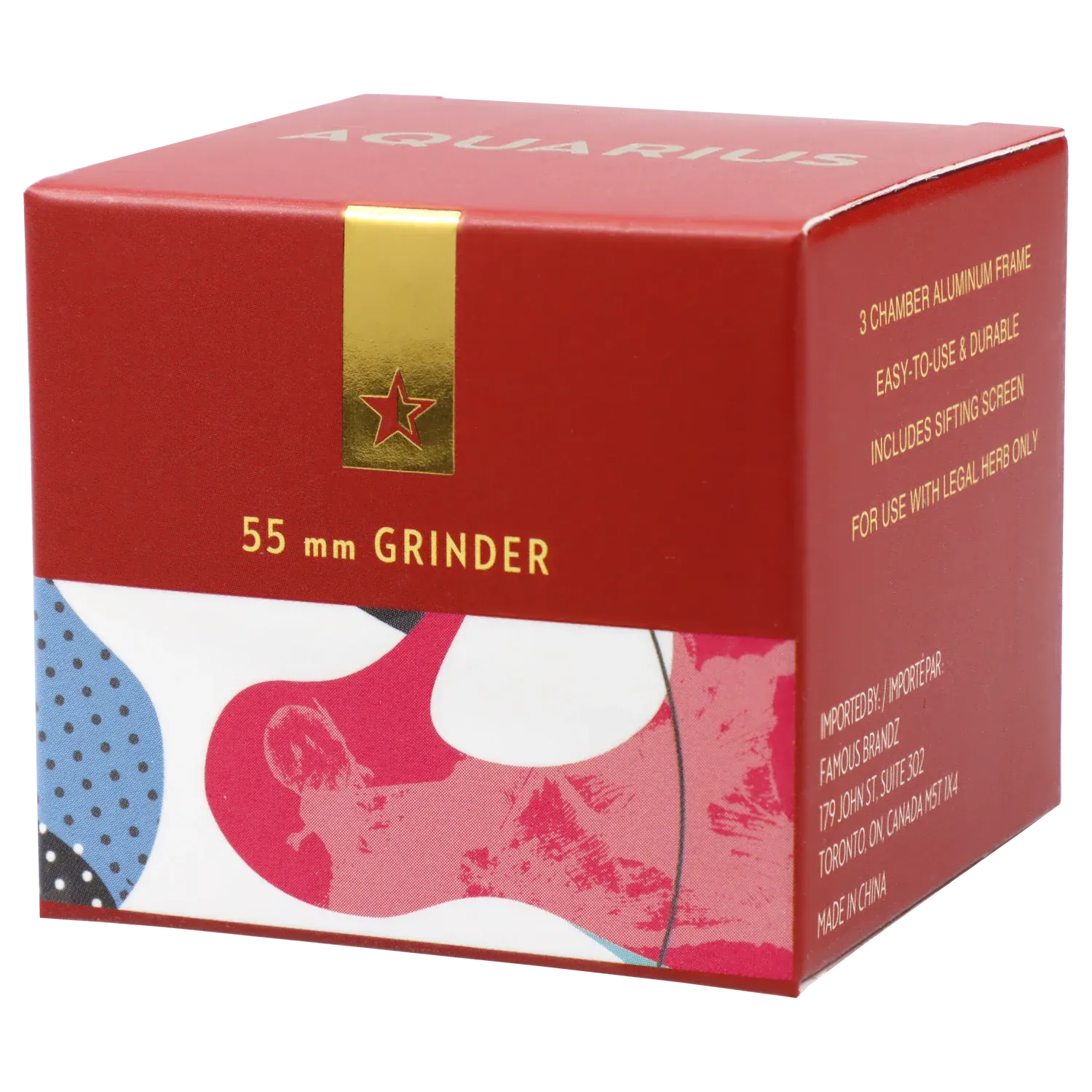 Angled close-up of the red box packaging for Famous Design Aquarius Aluminum 4 pc Grinder - Aqua, showing gold text and a patterned lower panel.