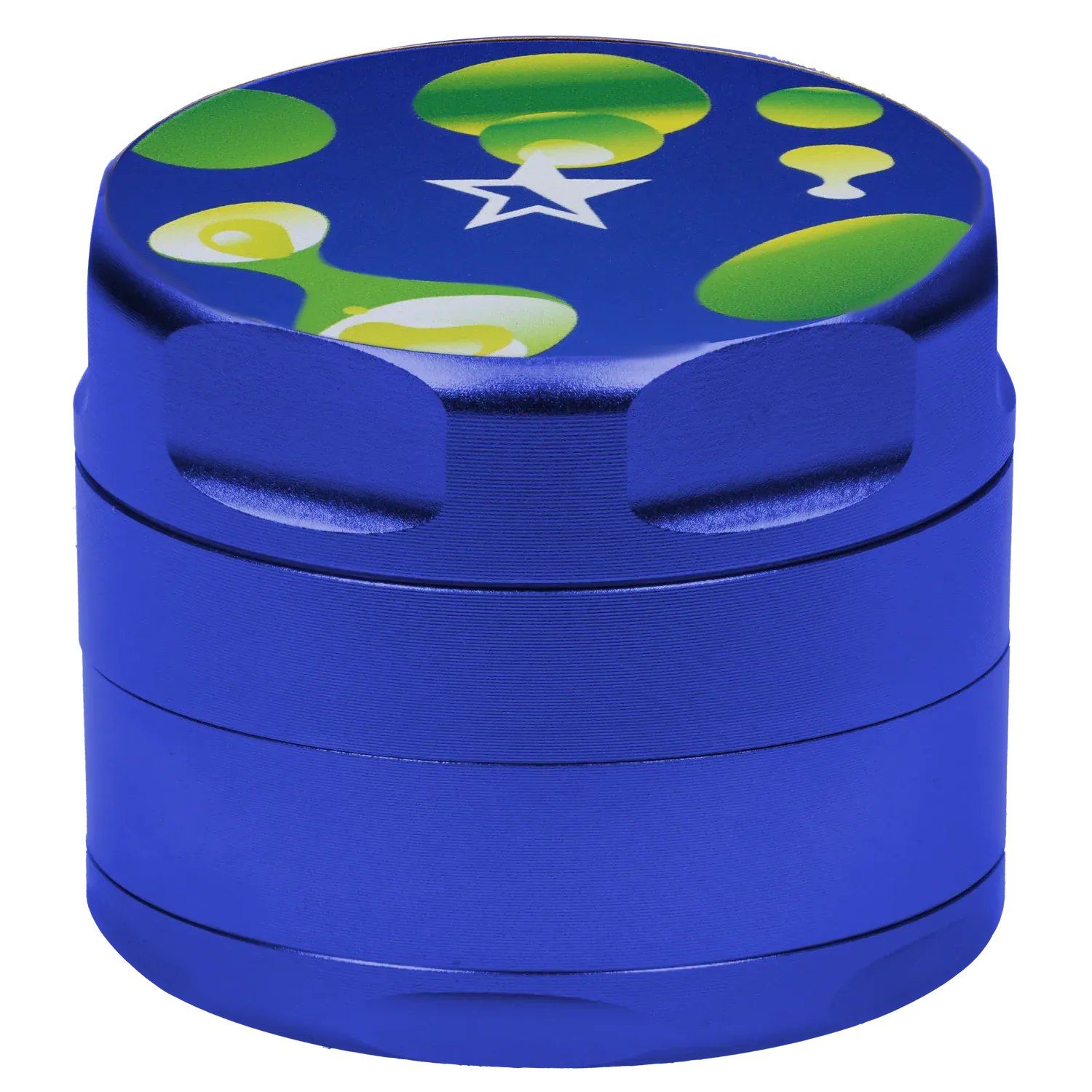 Close-up top-front view of the blue Famous Design Privilege Aluminum 4pc Grinder - Blue showing its textured metal sides and a colorful green and yellow bubble star graphic on the lid