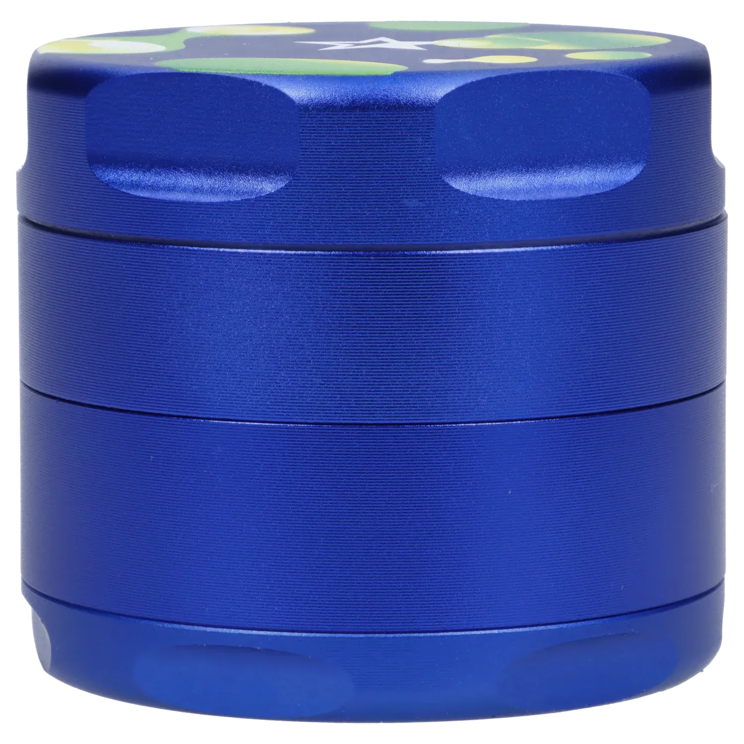 Close-up front view of the Famous Design Privilege Aluminum 4pc Grinder - Blue showing its stacked cylindrical blue metal sections and textured grip edges.
