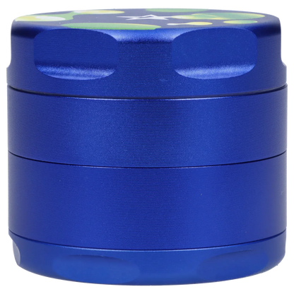 Close-up front view of the Famous Design Privilege Aluminum 4pc Grinder - Blue showing its stacked cylindrical blue metal sections and textured grip edges.