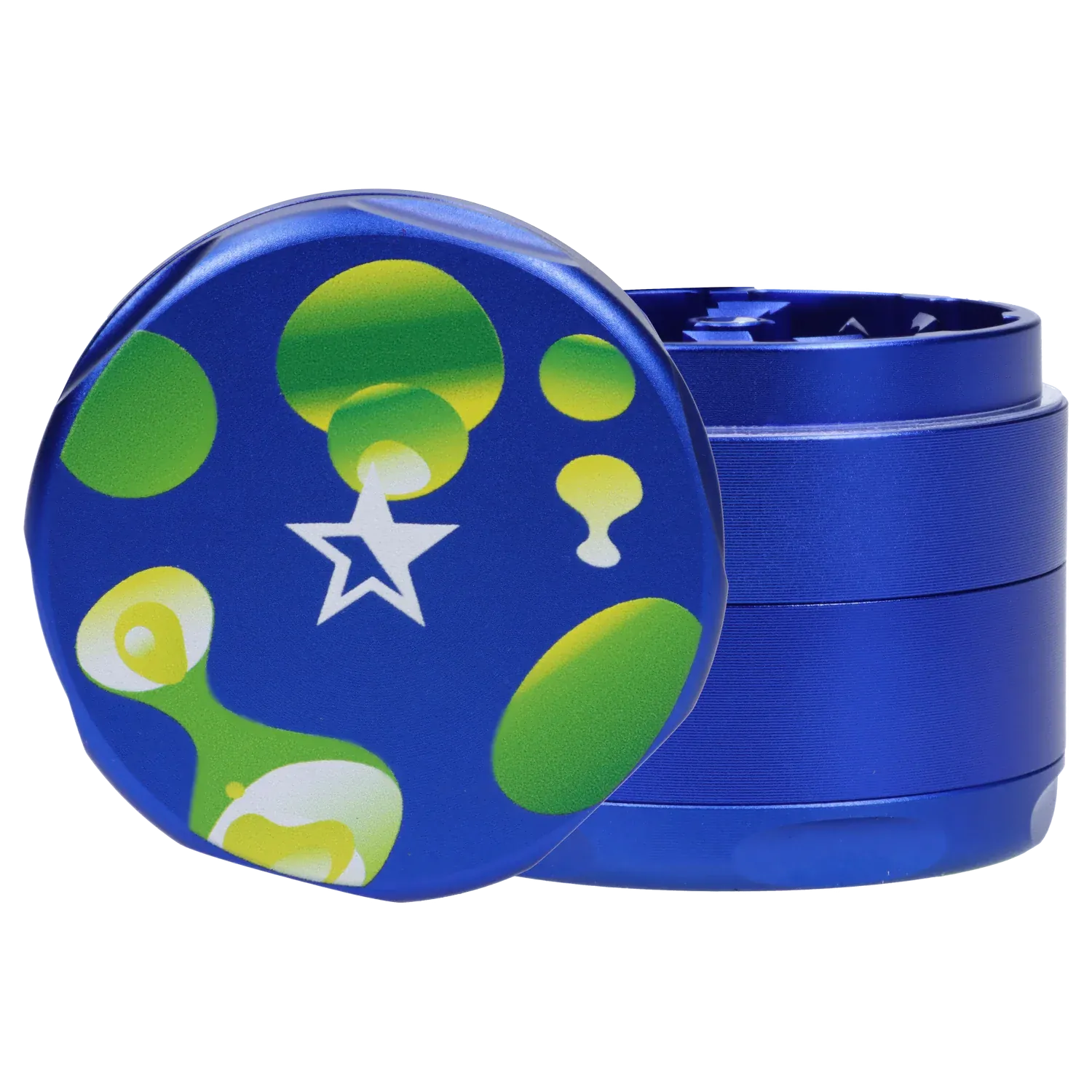 Close-up front view of the Famous Design Privilege Aluminum 4pc Grinder - Blue showing its blue metal finish and green-yellow bubble pattern on the lid.