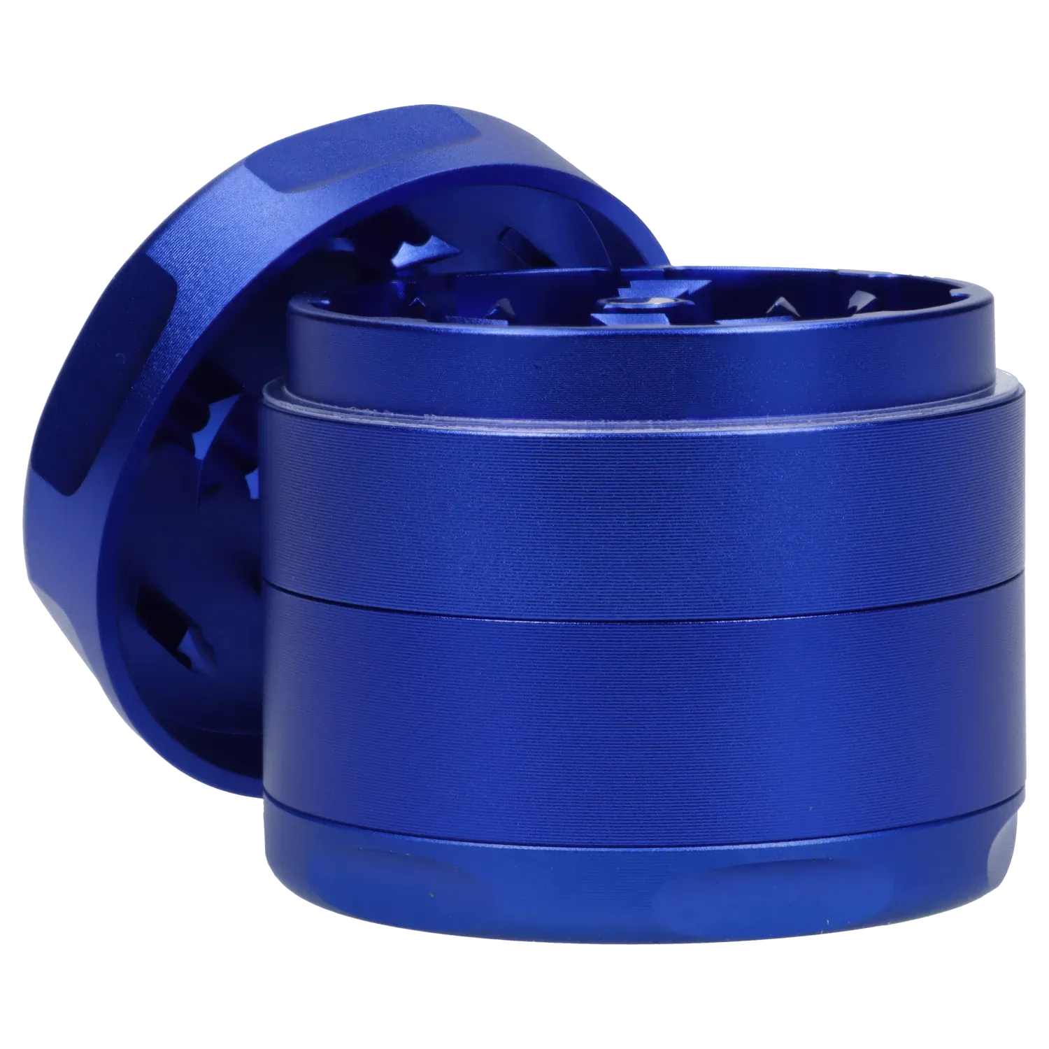 Close-up side view of the blue Famous Design Privilege Aluminum 4pc Grinder - Blue showing the textured cylindrical body and exposed interlocking teeth.