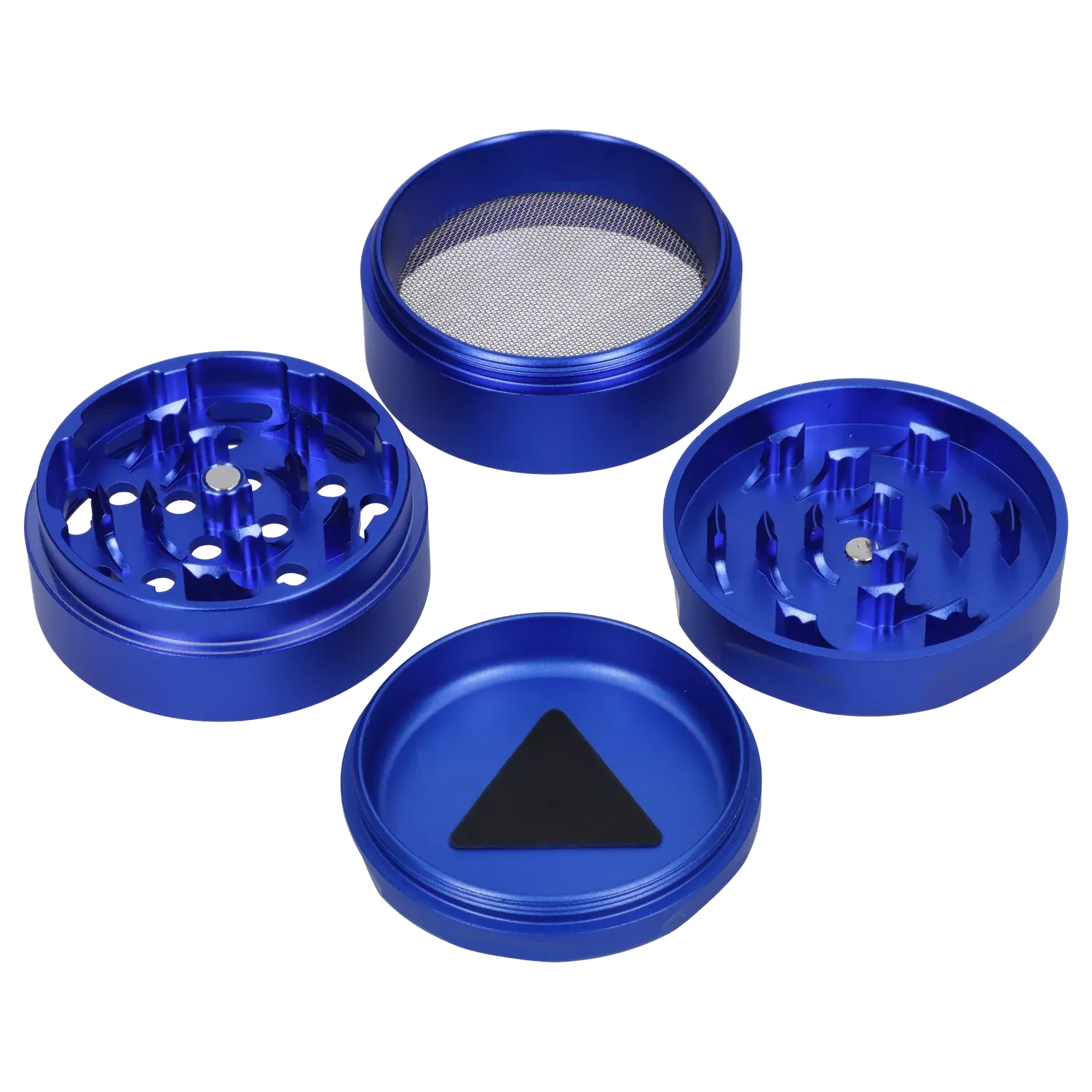Top-down view of the disassembled Famous Design Privilege Aluminum 4pc Grinder - Blue showing four metallic blue pieces with interlocking teeth and a mesh sifting screen.