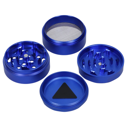 Top-down view of the disassembled Famous Design Privilege Aluminum 4pc Grinder - Blue showing four metallic blue pieces with interlocking teeth and a mesh sifting screen.