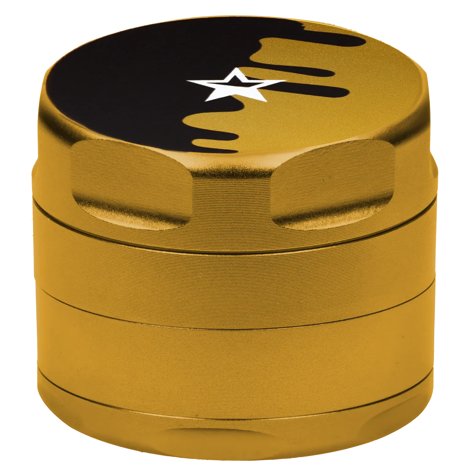 Close-up, slightly elevated view of the gold Famous Design Surrender Aluminum 4 pc Grinder showing its textured sides and star-topped lid with a black drip design.