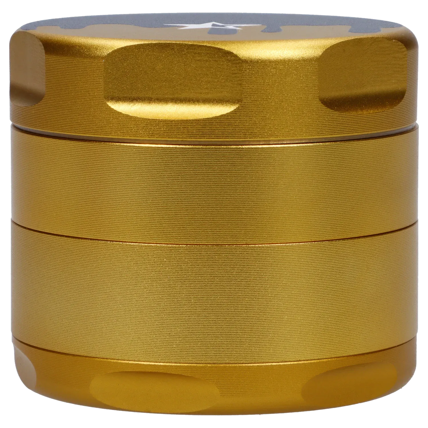 Close-up front view of the gold Famous Design Surrender Aluminum 4 pc Grinder showing textured grip bands and rounded top indents.
