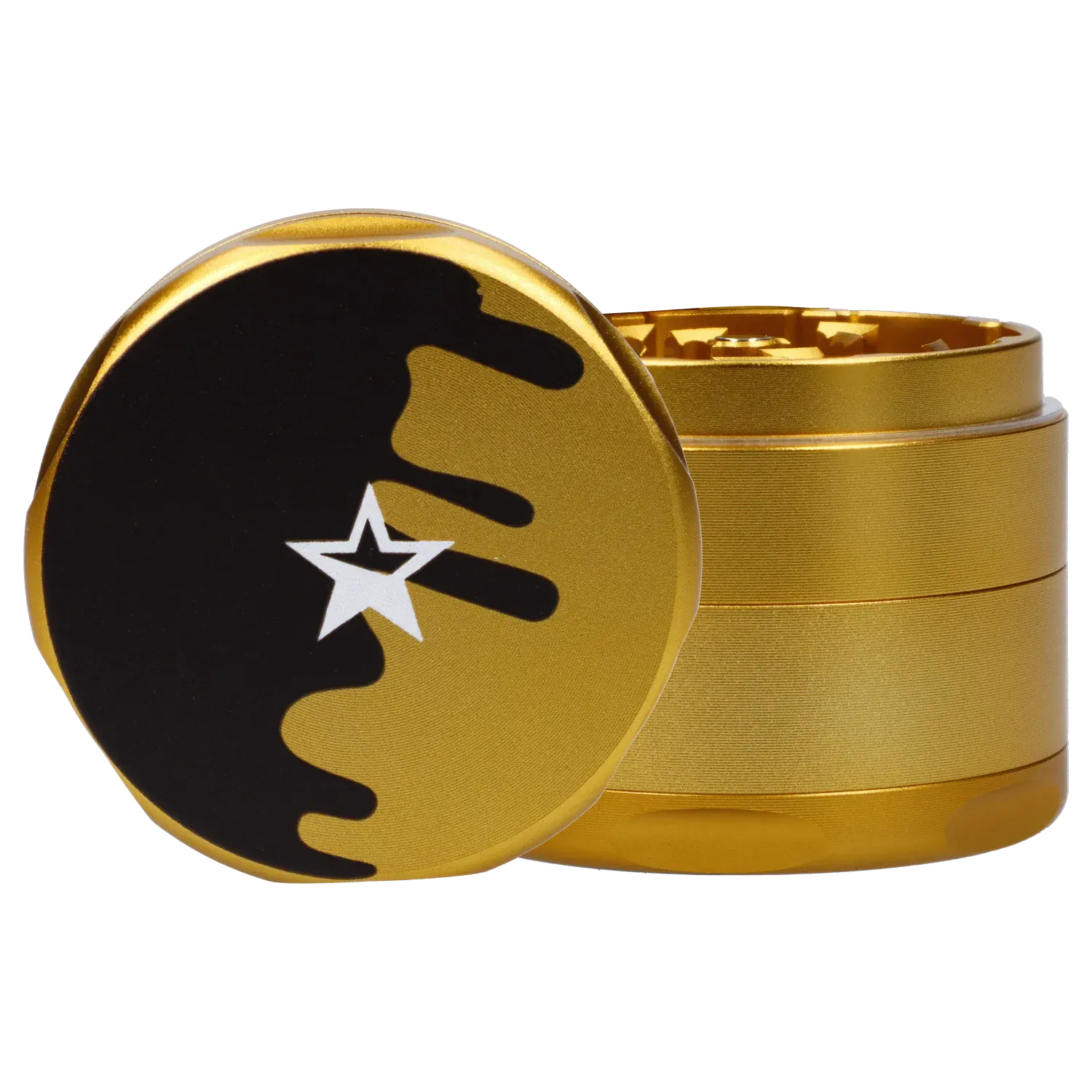 Close-up three-quarter view of the gold Famous Design Surrender Aluminum 4 pc Grinder with its black star-topped lid slightly ajar.
