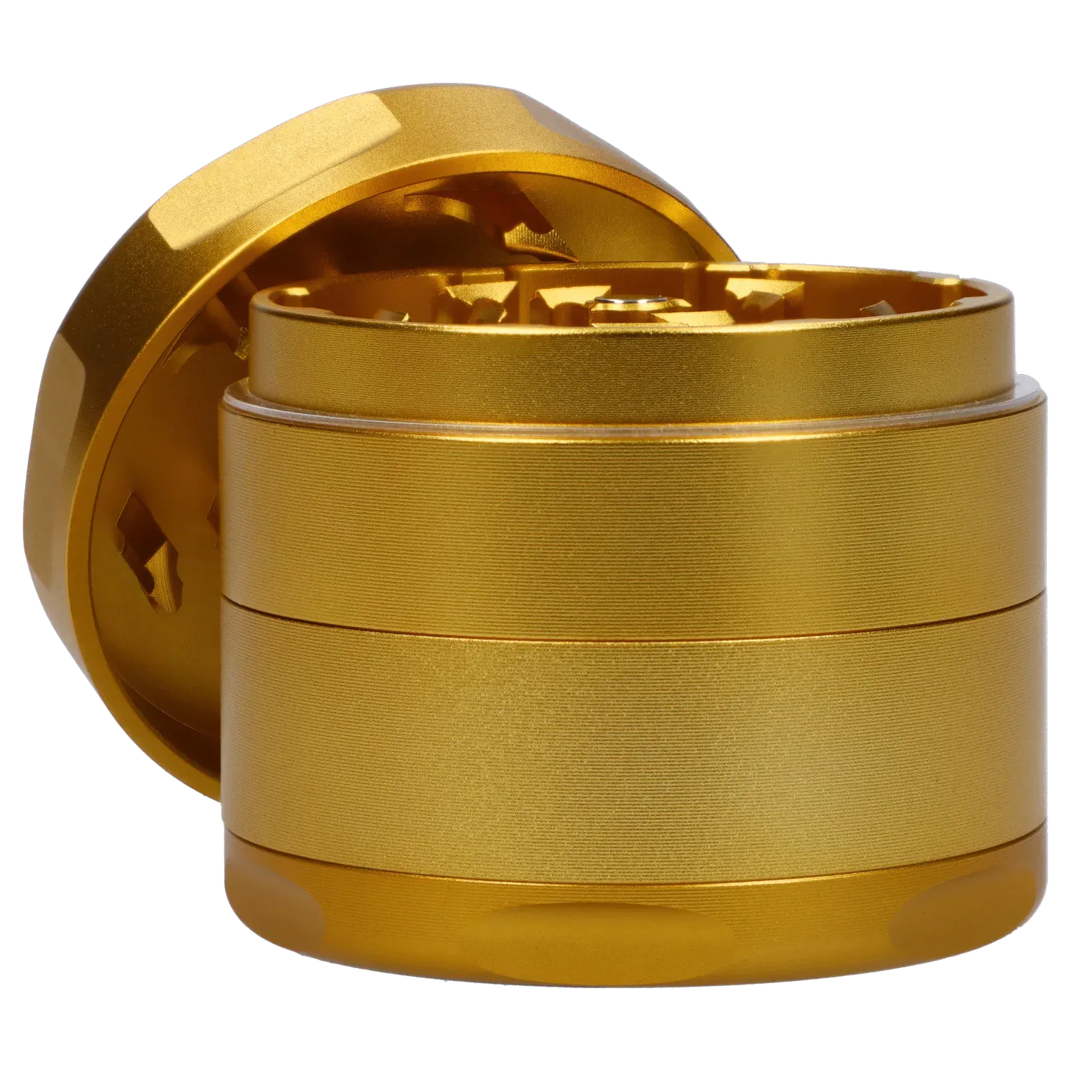Close-up angled view of the gold Famous Design Surrender Aluminum 4 pc Grinder showing its textured stacked chambers and exposed teeth.
