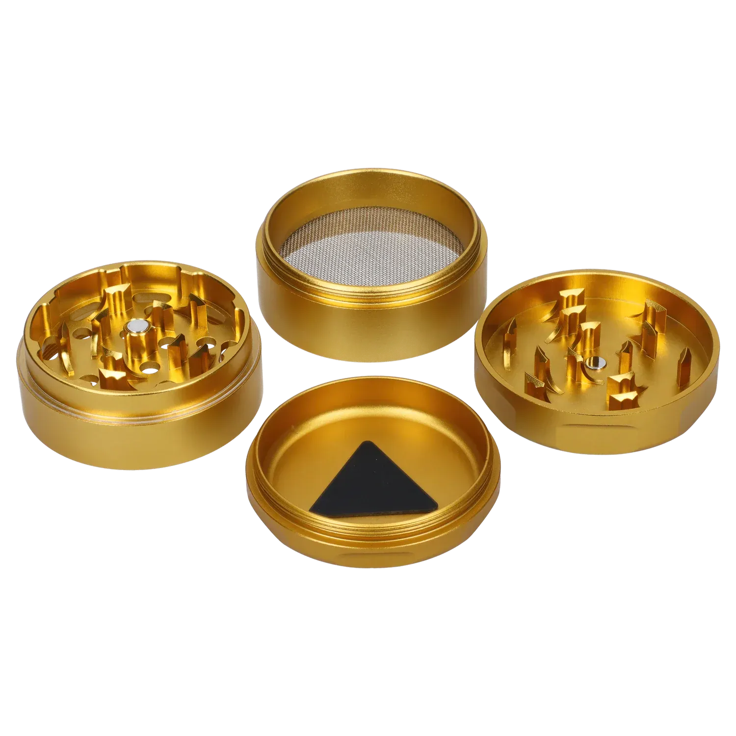 Top-down view of the disassembled Famous Design Surrender Aluminum 4 pc Grinder - Gold showing four gold metal sections with tooth-like teeth and a mesh screen.