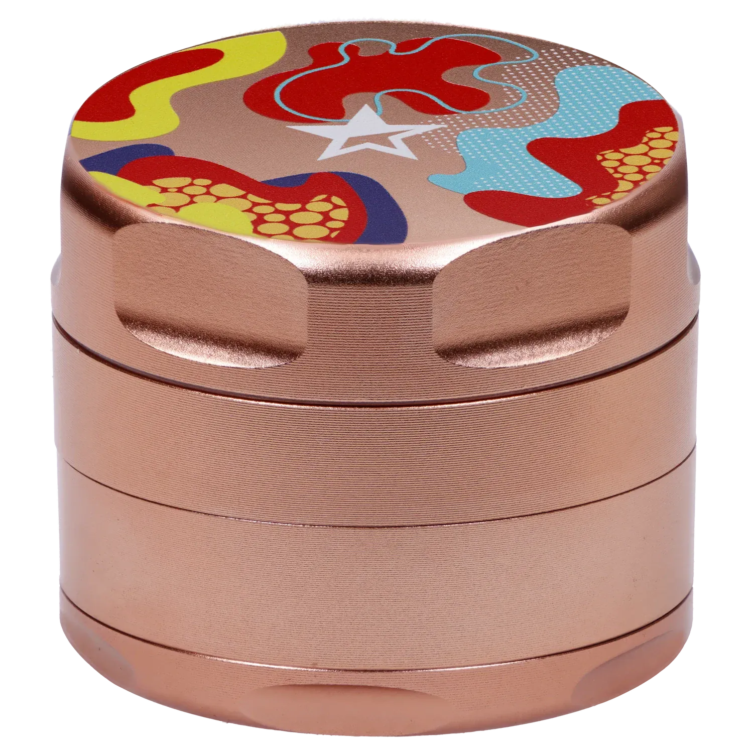 Close-up angled view of the Famous Design Papaya Aluminum 4pc Grinder - Rose Gold showing its textured rose-gold metal body and colorful abstract patterned top.